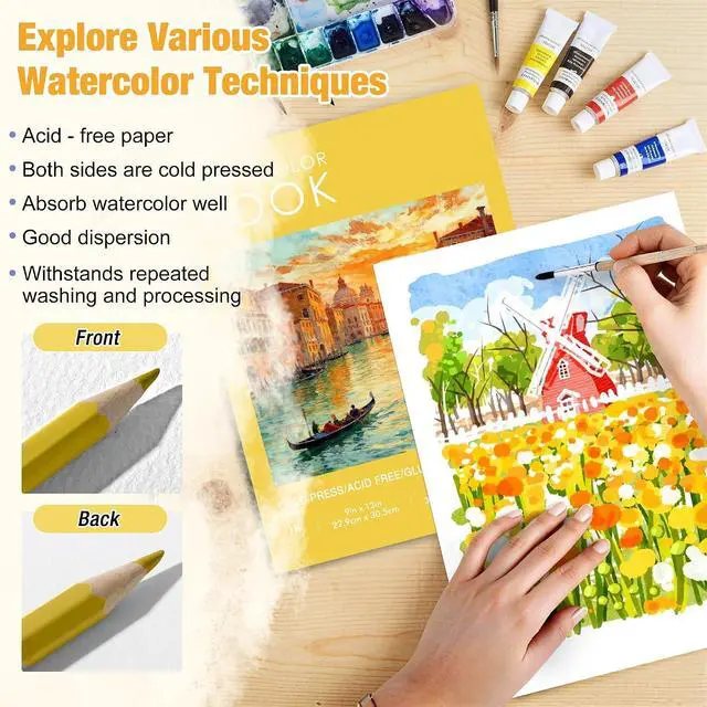 Alt view image 3 of 7 - Watercolor Paper Pad, 9"x12" Water Color Paper,140lb/300gsm, Yellow | Cold Pressed Watercolor Paper, Artist-Grade Drawing & Painting Pad for Watercolor Sketching & Journaling, Adults & Kids
