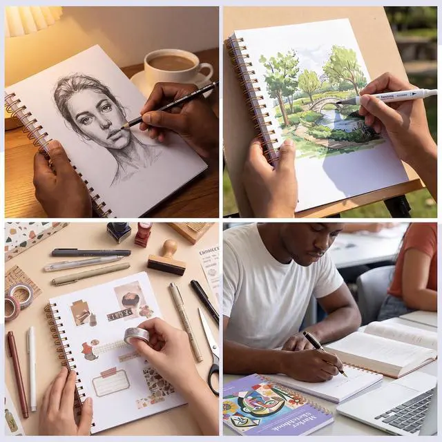 Alt view image 4 of 7 - Marker Paper Sketchbook 5.8 × 8.3 in, Spiral Bound, 1 Pack | 120gsm Acid-Free Paper, Anti-Bleed Double Sided Sheets, Lays Flat, Tear-Out Pages, for Markers, Pens And Acrylics