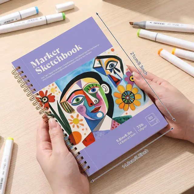 Alt view image 6 of 7 - Marker Paper Sketchbook 5.8 × 8.3 in, Spiral Bound, 1 Pack | 120gsm Acid-Free Paper, Anti-Bleed Double Sided Sheets, Lays Flat, Tear-Out Pages, for Markers, Pens And Acrylics