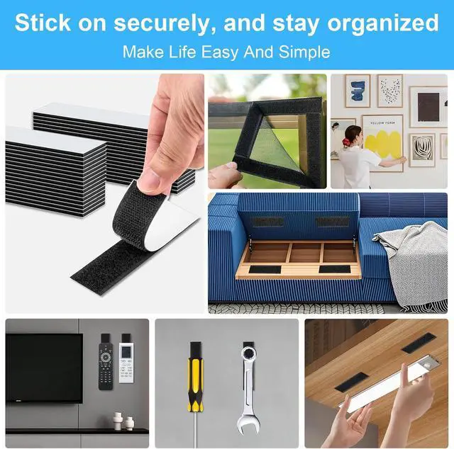 Alt view image 5 of 7 - 32 Sets 1x4 Inch Hook and Loop Strips with Adhesive, Strong Sticky Back, Heavy Duty Fasteners, Double Sided Mounting Tape for Wall Hanging Picture, Home, Office, School, No Holes Needed, Black