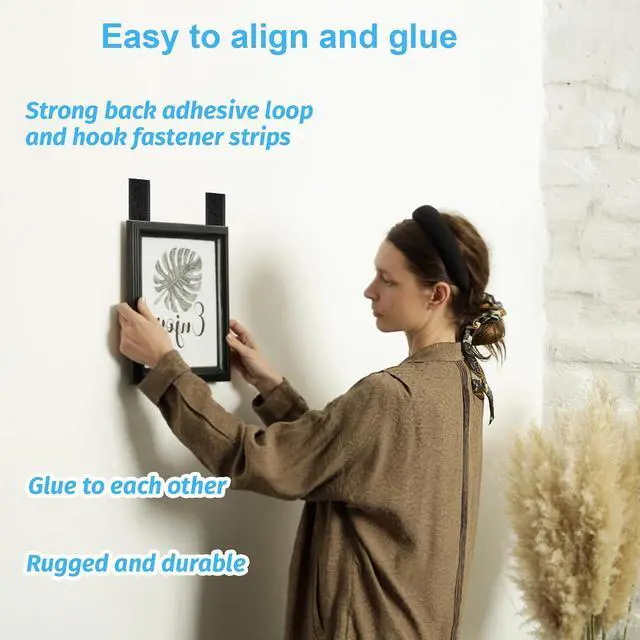 Alt view image 4 of 7 - 32 Sets 1x4 Inch Hook and Loop Strips with Adhesive, Strong Sticky Back, Heavy Duty Fasteners, Double Sided Mounting Tape for Wall Hanging Picture, Home, Office, School, No Holes Needed, Black