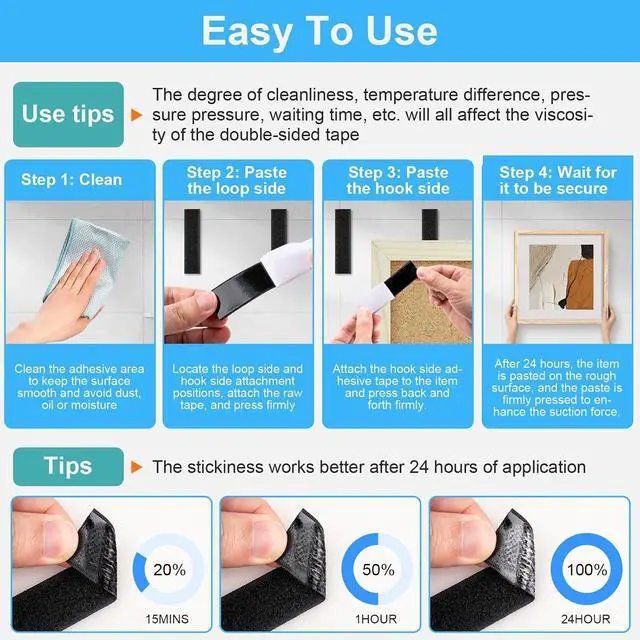 Alt view image 7 of 7 - 32 Sets 1x4 Inch Hook and Loop Strips with Adhesive, Strong Sticky Back, Heavy Duty Fasteners, Double Sided Mounting Tape for Wall Hanging Picture, Home, Office, School, No Holes Needed, Black