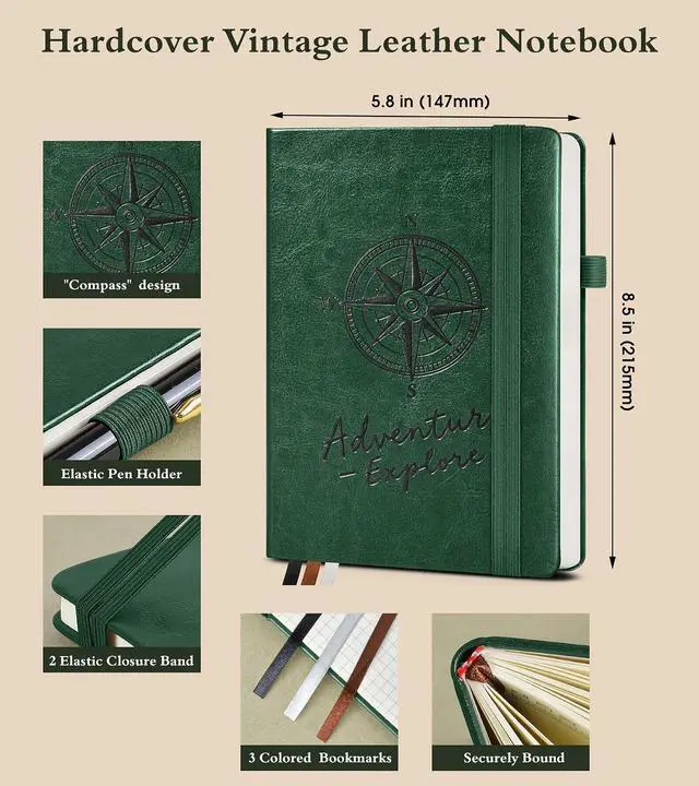 Alt view image 2 of 7 - Graph Notebook for Women Men, 160 Pages Grid Paper, Graphing Notebooks for School, Work, Quad Ruled, Inner Pocket, A5 Hardcover Vintage Leather Journals for Writing, 5.8"x8.5" (Green)