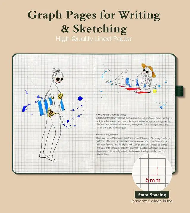 Alt view image 3 of 7 - Graph Notebook for Women Men, 160 Pages Grid Paper, Graphing Notebooks for School, Work, Quad Ruled, Inner Pocket, A5 Hardcover Vintage Leather Journals for Writing, 5.8"x8.5" (Green)
