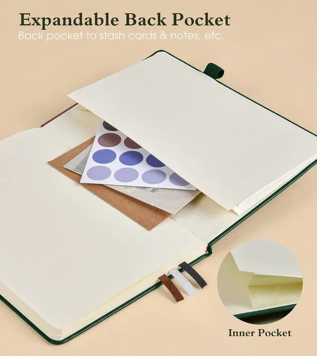 Alt view image 6 of 7 - Graph Notebook for Women Men, 160 Pages Grid Paper, Graphing Notebooks for School, Work, Quad Ruled, Inner Pocket, A5 Hardcover Vintage Leather Journals for Writing, 5.8"x8.5" (Green)
