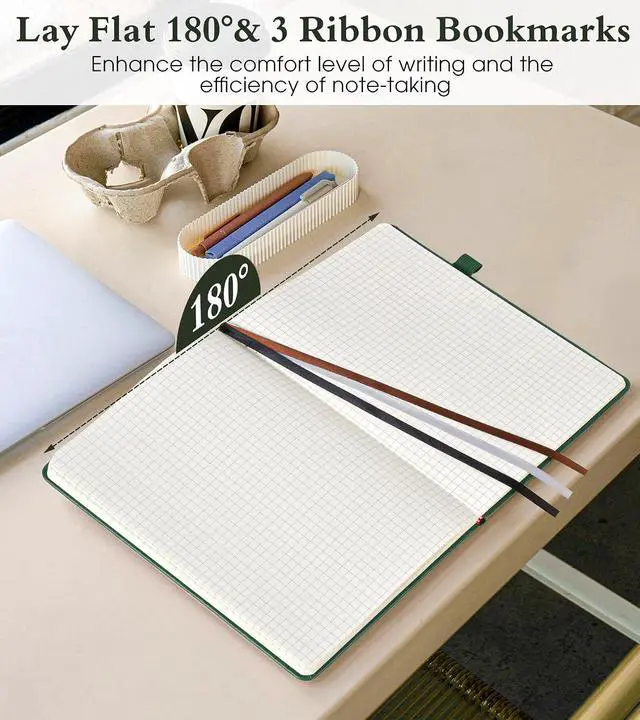 Alt view image 5 of 7 - Graph Notebook for Women Men, 160 Pages Grid Paper, Graphing Notebooks for School, Work, Quad Ruled, Inner Pocket, A5 Hardcover Vintage Leather Journals for Writing, 5.8"x8.5" (Green)