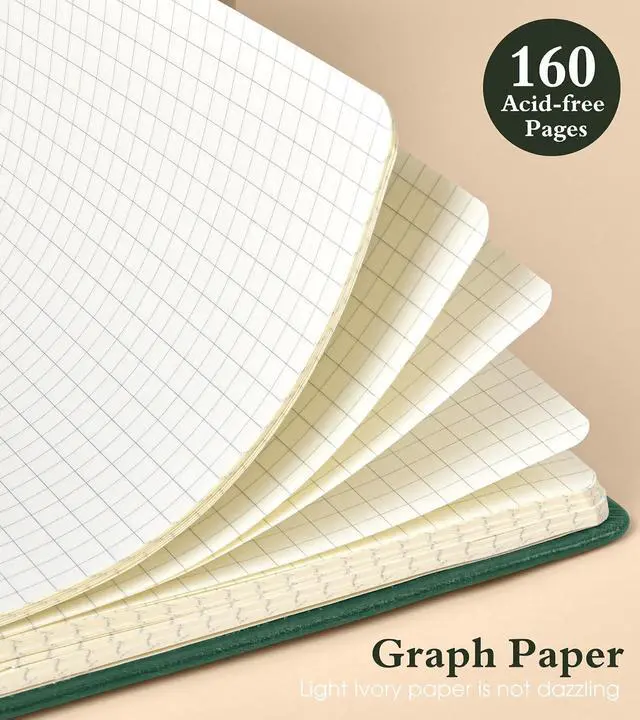 Alt view image 4 of 7 - Graph Notebook for Women Men, 160 Pages Grid Paper, Graphing Notebooks for School, Work, Quad Ruled, Inner Pocket, A5 Hardcover Vintage Leather Journals for Writing, 5.8"x8.5" (Green)