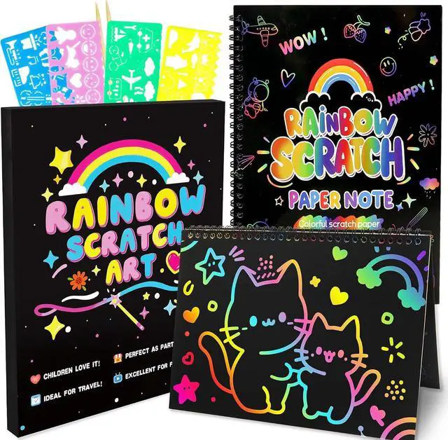 Main image of Scratch Art Crafts Kit for Kids 2 Pack Rainbow Scratch Paper Notebooks with Wooden Styluses and Drawing Stencils, Magic Art Supplies Birthday Christmas Gifts Party Favors for Boys Girls Ages 3-10