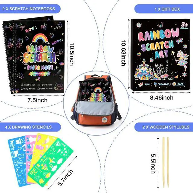 Alt view image 2 of 6 - Scratch Art Crafts Kit for Kids 2 Pack Rainbow Scratch Paper Notebooks with Wooden Styluses and Drawing Stencils, Magic Art Supplies Birthday Christmas Gifts Party Favors for Boys Girls Ages 3-10