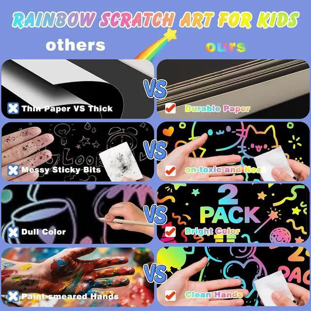 Alt view image 4 of 6 - Scratch Art Crafts Kit for Kids 2 Pack Rainbow Scratch Paper Notebooks with Wooden Styluses and Drawing Stencils, Magic Art Supplies Birthday Christmas Gifts Party Favors for Boys Girls Ages 3-10
