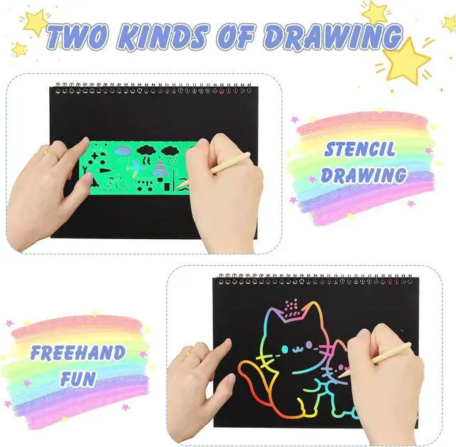 Alt view image 5 of 6 - Scratch Art Crafts Kit for Kids 2 Pack Rainbow Scratch Paper Notebooks with Wooden Styluses and Drawing Stencils, Magic Art Supplies Birthday Christmas Gifts Party Favors for Boys Girls Ages 3-10