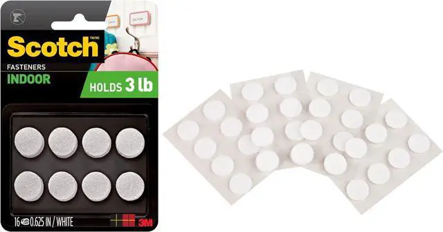 Main image of Multi-Purpose Hook and Loop Fasteners, 5/8 in x 5/8 in, Circles, 16 Sets, White, for Indoor Use, Holds up to 3 lbs/1 lb per 1 in.