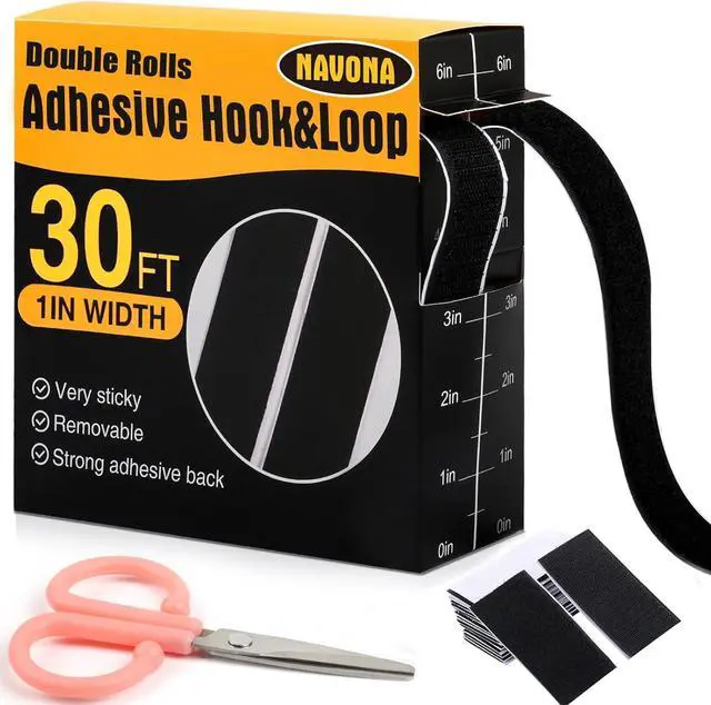 Main image of 30Ft x 1 Inch Hook and Loop Strips with Adhesive, Heavy Duty Self Adhesive Hook and Loop Tape with Measuring Scale Backing for Home, Office, School & DIY Projects, Black