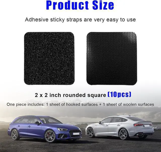 Alt view image 2 of 6 - 10 PCS Hook and Loop Mounting Strips with Adhesive, 2"×2" Heavy Duty Tape Strip, Multi-Purpose Carpet Rug Fastener Mounting Tape for Power Strip, Car Sun Visor, Floor Mat