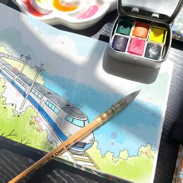 Alt view image 5 of 7 - 5x5 Watercolor Sketchbook,Mixed Media Pad,Travel Portable Drawing Journal | 140LB/300gsm 20Sheets/40Pages Watercolor Paper,Cold Press,Cloth Fabric Hardcover,Sewing Binding,Lay-Flat.Plantain