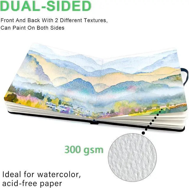 Alt view image 4 of 7 - 5x5 Watercolor Sketchbook,Mixed Media Pad,Travel Portable Drawing Journal | 140LB/300gsm 20Sheets/40Pages Watercolor Paper,Cold Press,Cloth Fabric Hardcover,Sewing Binding,Lay-Flat.Plantain