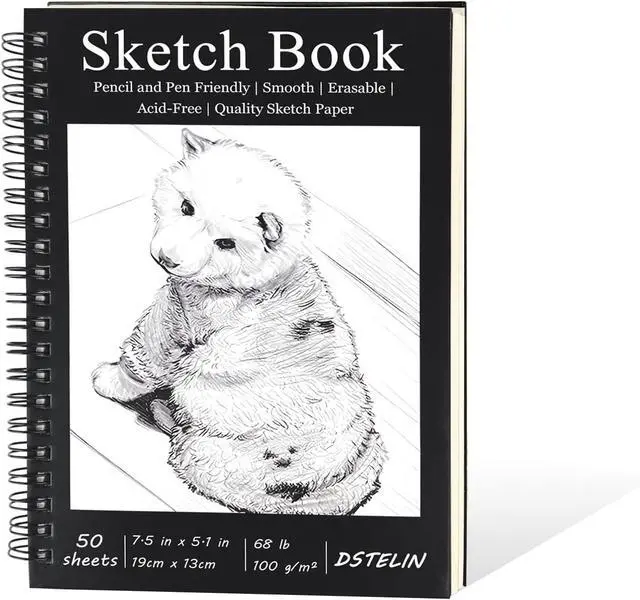 Main image of 7.5 x 5.1 Inch Sketch Book, 50 Sheets,100gsm, Spiral Bound Black Hardcover with Dog Cover, Ideal for Sketching and Drawing