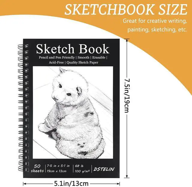 Alt view image 2 of 6 - 7.5 x 5.1 Inch Sketch Book, 50 Sheets,100gsm, Spiral Bound Black Hardcover with Dog Cover, Ideal for Sketching and Drawing