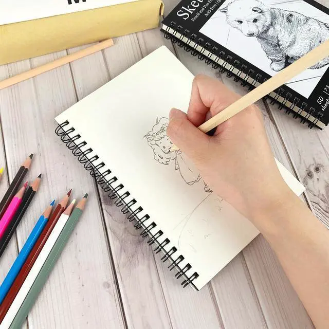 Alt view image 4 of 6 - 7.5 x 5.1 Inch Sketch Book, 50 Sheets,100gsm, Spiral Bound Black Hardcover with Dog Cover, Ideal for Sketching and Drawing