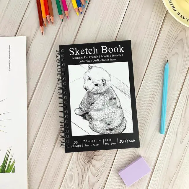 Alt view image 5 of 6 - 7.5 x 5.1 Inch Sketch Book, 50 Sheets,100gsm, Spiral Bound Black Hardcover with Dog Cover, Ideal for Sketching and Drawing