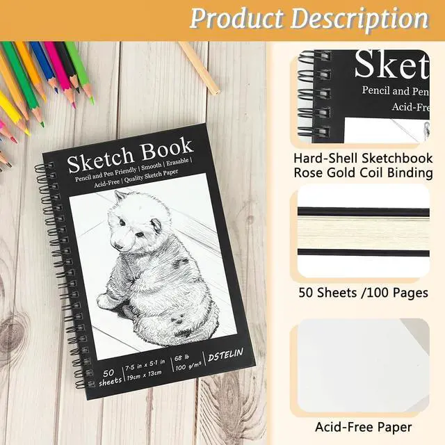 Alt view image 3 of 6 - 7.5 x 5.1 Inch Sketch Book, 50 Sheets,100gsm, Spiral Bound Black Hardcover with Dog Cover, Ideal for Sketching and Drawing