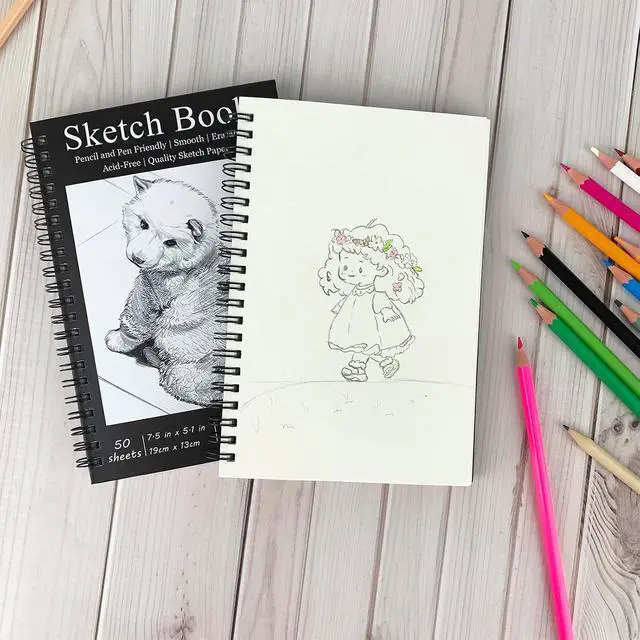 Alt view image 6 of 6 - 7.5 x 5.1 Inch Sketch Book, 50 Sheets,100gsm, Spiral Bound Black Hardcover with Dog Cover, Ideal for Sketching and Drawing