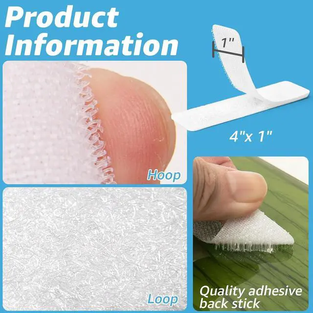 Alt view image 2 of 7 - 16 Sets Hook and Loop Tape, 1"x 4" Sticky Back, Heavy Duty, White | Double-Sided, Holds 13 lb, Adhesive Strip, Nylon, Picture Hanging Strips Fastener for Mounting Hanging, Glass, Tile, Metal