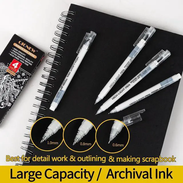 Alt view image 2 of 7 - White Gel Pens,Opaque White Ink Pens for Black Paper Drawing,4 Pack | 1.0mm,0.8mm,0.6mm Fine Point Assorted Tip, 1mm White Gel Pens Black Paper Drawing, Sketching, Illustration, Bullet Journaling