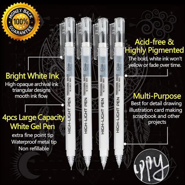 Alt view image 3 of 7 - White Gel Pens,Opaque White Ink Pens for Black Paper Drawing,4 Pack | 1.0mm,0.8mm,0.6mm Fine Point Assorted Tip, 1mm White Gel Pens Black Paper Drawing, Sketching, Illustration, Bullet Journaling