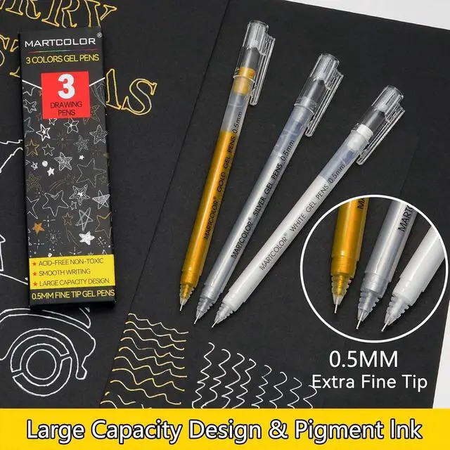 Alt view image 2 of 7 - Gold Silver White Gel Pens, 3 Pack 0.5mm Fine Point Gel ink Pens | Opaque Archival Ink Pen for Black Paper Drawing, Art Highlight, Illustration, Bullet Journaling, Card Making & DIY Projects