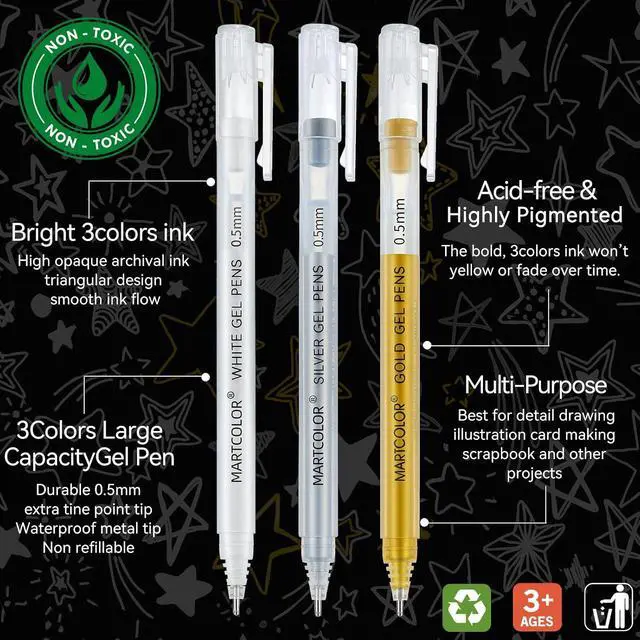 Alt view image 3 of 7 - Gold Silver White Gel Pens, 3 Pack 0.5mm Fine Point Gel ink Pens | Opaque Archival Ink Pen for Black Paper Drawing, Art Highlight, Illustration, Bullet Journaling, Card Making & DIY Projects