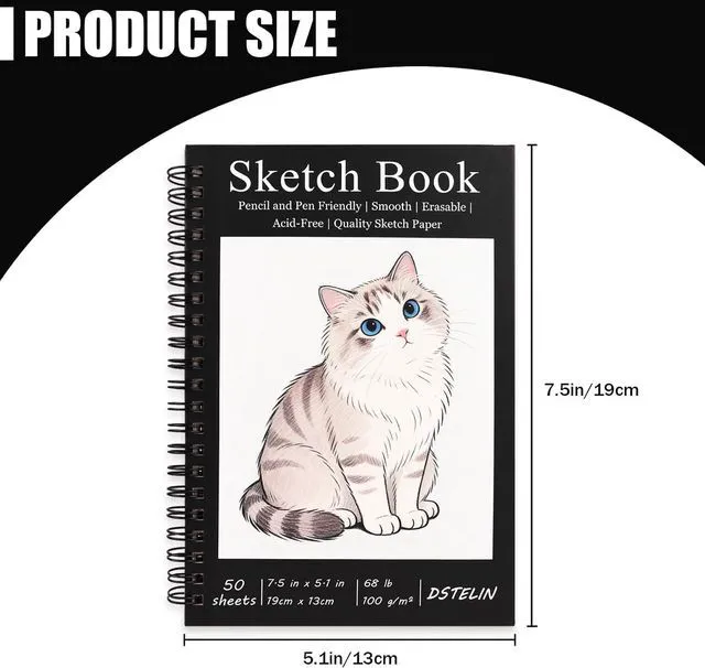 Alt view image 2 of 6 - 1 Pack Spiral Bound Sketchbooks (100 GSM Sketch Paper), 50 Sheets per Pack, 7.5" x 5.1" Sketchbook with Black Hard Cover for Painting, Drawing and Sketching