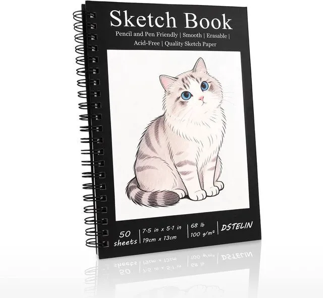 Main image of 1 Pack Spiral Bound Sketchbooks (100 GSM Sketch Paper), 50 Sheets per Pack, 7.5" x 5.1" Sketchbook with Black Hard Cover for Painting, Drawing and Sketching