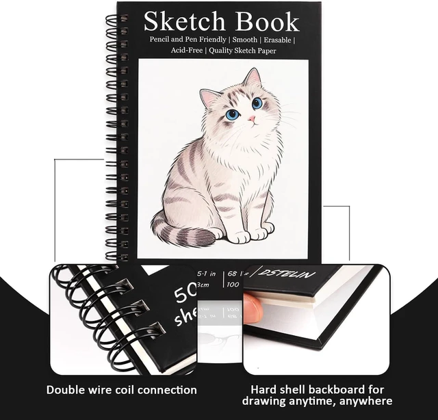 Alt view image 3 of 6 - 1 Pack Spiral Bound Sketchbooks (100 GSM Sketch Paper), 50 Sheets per Pack, 7.5" x 5.1" Sketchbook with Black Hard Cover for Painting, Drawing and Sketching