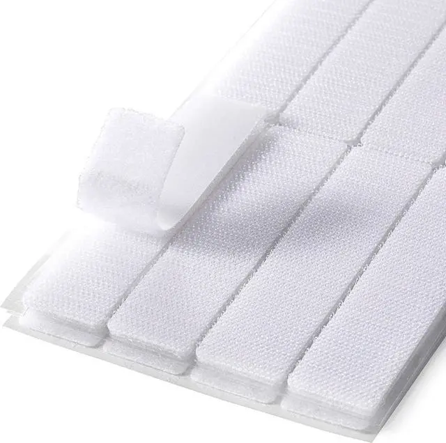Main image of 1x4 Inch, 16 Sets) Strips with Adhesive for Fabric, White | No Sew, Stick On for Fabric, Sticky Back for Clothes, Curtains, Heavy Duty, Double Sided Hook and Loop Hem Tape Fasteners
