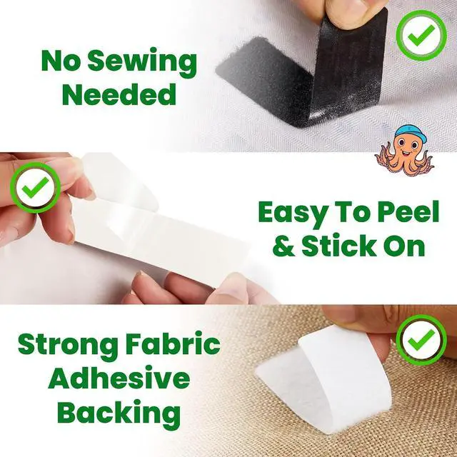 Alt view image 3 of 7 - 1x4 Inch, 16 Sets) Strips with Adhesive for Fabric, White | No Sew, Stick On for Fabric, Sticky Back for Clothes, Curtains, Heavy Duty, Double Sided Hook and Loop Hem Tape Fasteners