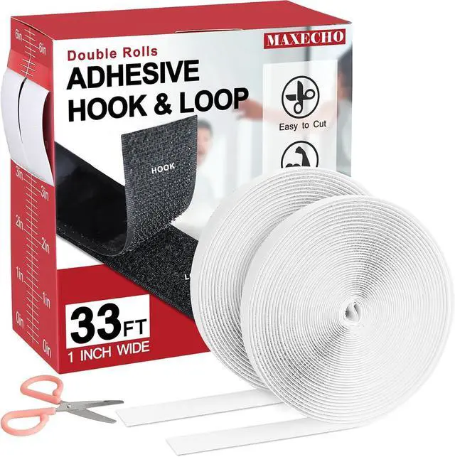 Main image of 33Ft x 1 Inch Hook and Loop Tape with Adhesive Backing, Heavy Duty Double Sided Adhesive Strips, Strong Sticky Strips Rolls for Home, Office, School, Car, and Crafting Projects, White