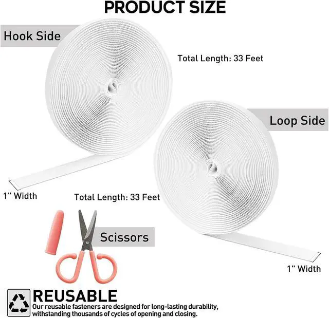 Alt view image 4 of 6 - 33Ft x 1 Inch Hook and Loop Tape with Adhesive Backing, Heavy Duty Double Sided Adhesive Strips, Strong Sticky Strips Rolls for Home, Office, School, Car, and Crafting Projects, White
