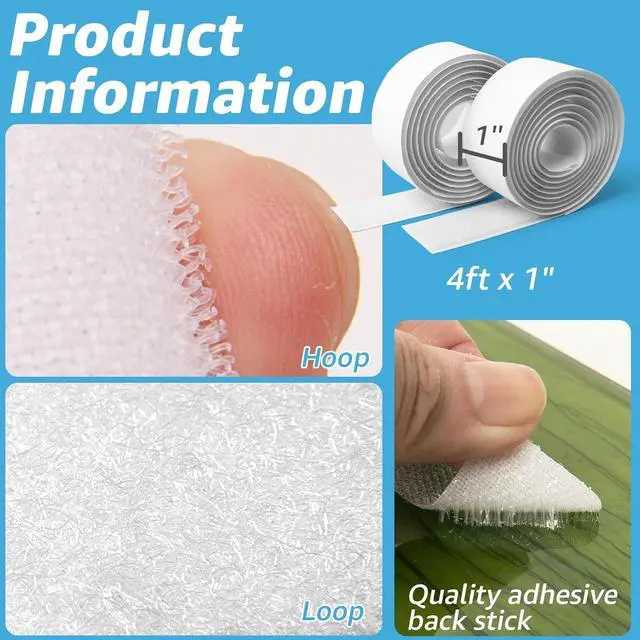 Alt view image 2 of 7 - 4ft x 1 in. Hook and Loop Rolls Sticky Back, Heavy Duty, White | Double-Sided, Adhesive Strip, Nylon, Picture Hanging Strips Fastener for Mounting Hanging, Glass, Tile, Metal, Home, Office