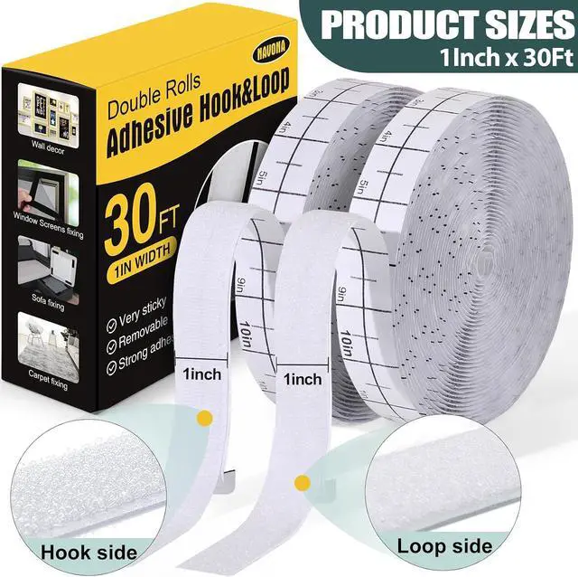 Alt view image 2 of 7 - 30Ft x 1 Inch Hook and Loop Strips with Adhesive, Heavy Duty Self Adhesive Hook and Loop Tape with Measuring Scale Backing for Home, Office, School & DIY Projects, White