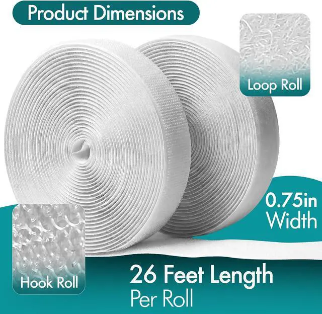 Alt view image 2 of 7 - 26ft x 0.75in) White Velcro Strips with Adhesive, Double Rolls of Heavy Duty Self Adhesive Tape with Backing (26ft x 0.75in)