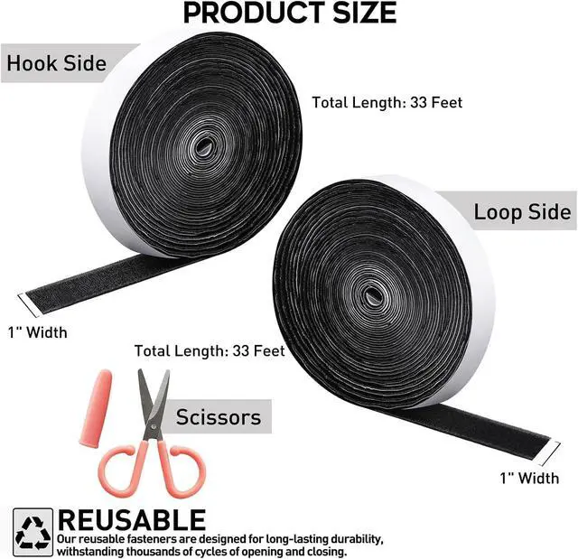 Alt view image 4 of 6 - 33Ft x 1 Inch Hook and Loop Tape with Adhesive Backing, Heavy Duty Double Sided Adhesive Strips, Strong Sticky Strips Rolls for Home, Office, School, Car, and Crafting Projects, Black