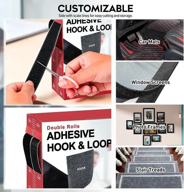 Alt view image 5 of 6 - 33Ft x 1 Inch Hook and Loop Tape with Adhesive Backing, Heavy Duty Double Sided Adhesive Strips, Strong Sticky Strips Rolls for Home, Office, School, Car, and Crafting Projects, Black