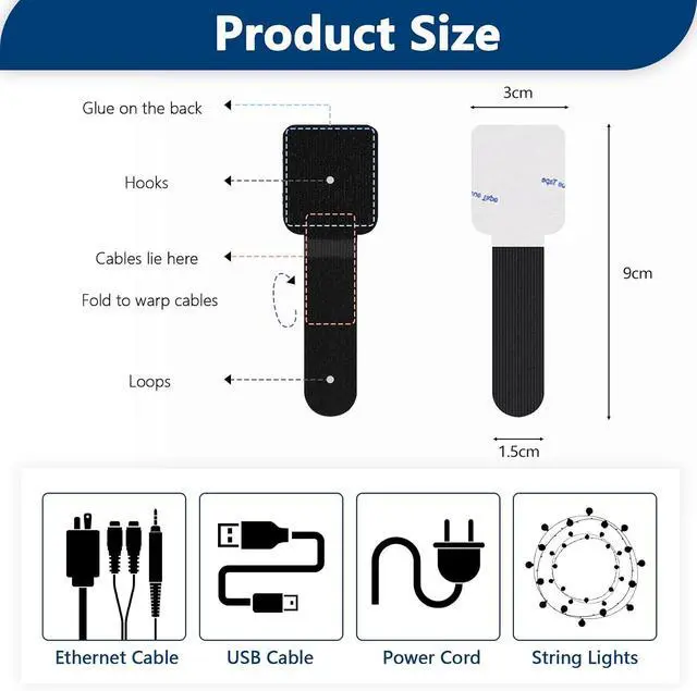 Alt view image 3 of 7 - 50 PCS Hook and Loop Cable Ties, Under Desk Cable Management, Black | Self Adhesive Cable Tidy Clips Straps, Sticky-Back Cord Organizer, Wire Organizer for TV PC Laptop Ethernet Desktop