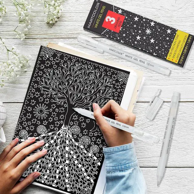 Alt view image 4 of 7 - White Gel Pens, 3 Pack, 0.5mm, 0.8mm, 1.0mm White Gel Ink Pens | Opaque Archival Ink Pen for Black Paper Drawing, Art Highlight, Illustration, Bullet Journaling, Card Making & DIY Projects