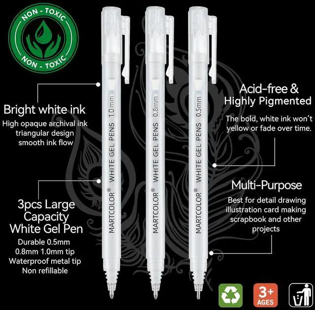 Alt view image 3 of 7 - White Gel Pens, 3 Pack, 0.5mm, 0.8mm, 1.0mm White Gel Ink Pens | Opaque Archival Ink Pen for Black Paper Drawing, Art Highlight, Illustration, Bullet Journaling, Card Making & DIY Projects