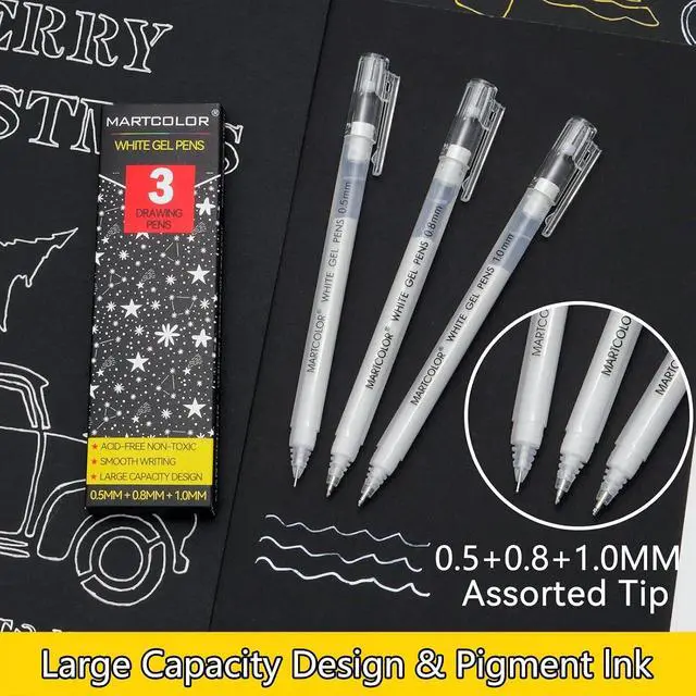 Alt view image 2 of 7 - White Gel Pens, 3 Pack, 0.5mm, 0.8mm, 1.0mm White Gel Ink Pens | Opaque Archival Ink Pen for Black Paper Drawing, Art Highlight, Illustration, Bullet Journaling, Card Making & DIY Projects
