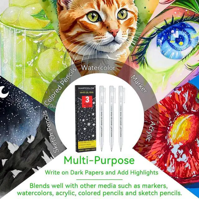 Alt view image 6 of 7 - White Gel Pens, 3 Pack, 0.5mm, 0.8mm, 1.0mm White Gel Ink Pens | Opaque Archival Ink Pen for Black Paper Drawing, Art Highlight, Illustration, Bullet Journaling, Card Making & DIY Projects