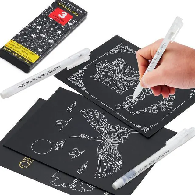 Alt view image 7 of 7 - White Gel Pens, 3 Pack, 0.5mm, 0.8mm, 1.0mm White Gel Ink Pens | Opaque Archival Ink Pen for Black Paper Drawing, Art Highlight, Illustration, Bullet Journaling, Card Making & DIY Projects