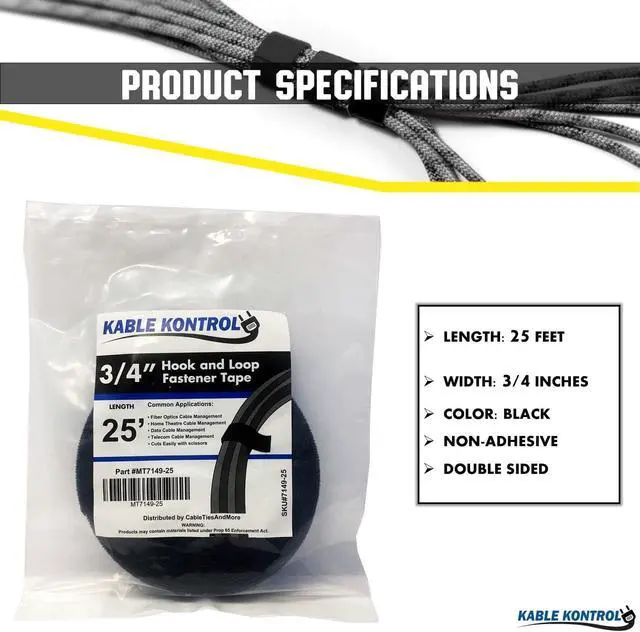 Alt view image 2 of 7 - Kable Kontrol Hook and Loop Tape Roll 3/4 Wide x 25 Ft Long Double Sided Heavy Duty Non-Adhesive Non-Sticky Nylon Reusable Fastener Strip Adjustable Strap Wire Organizer Cable Wrap Black